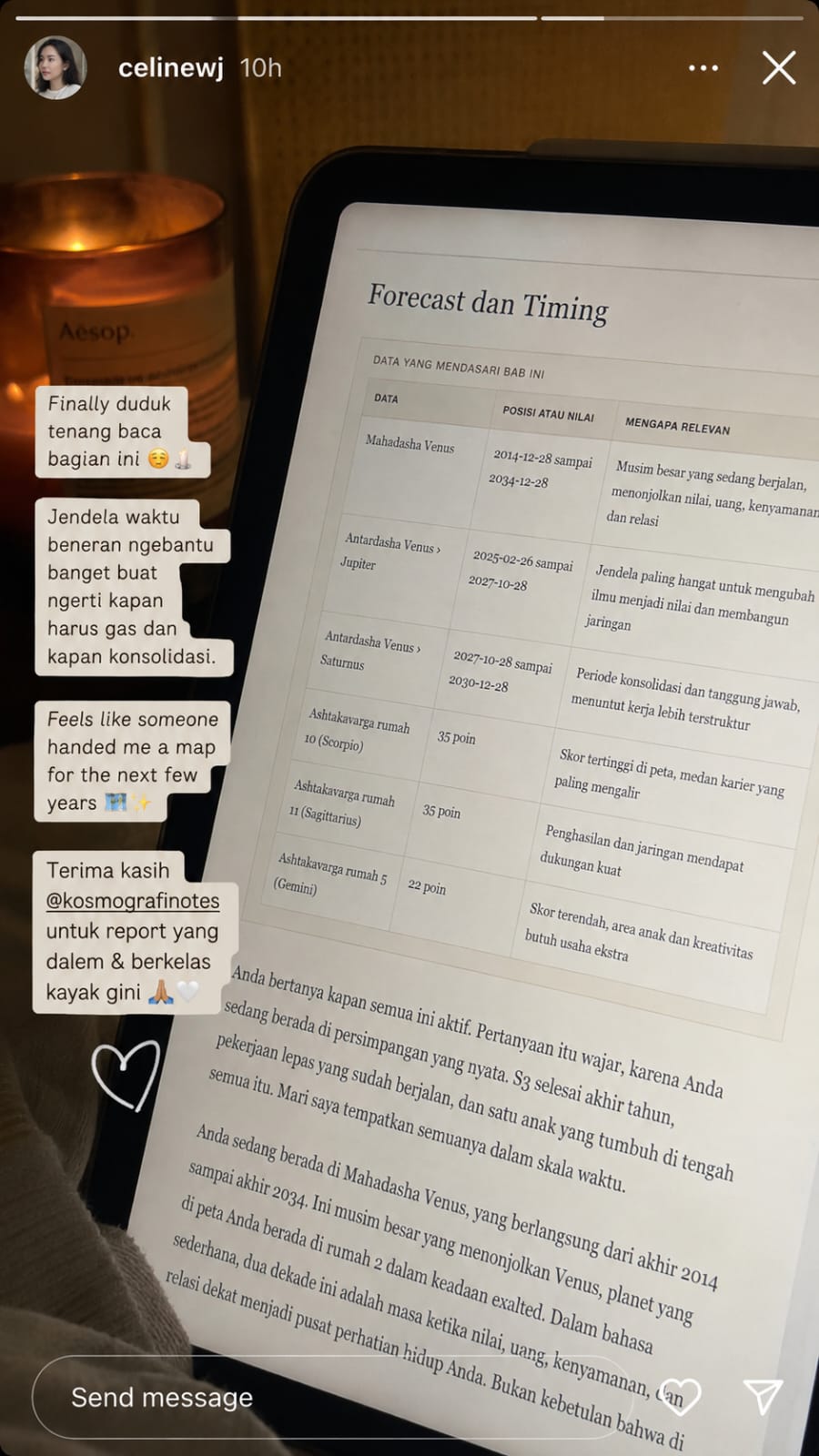 Instagram Story pelanggan tentang forecast dan timing Kosmografi