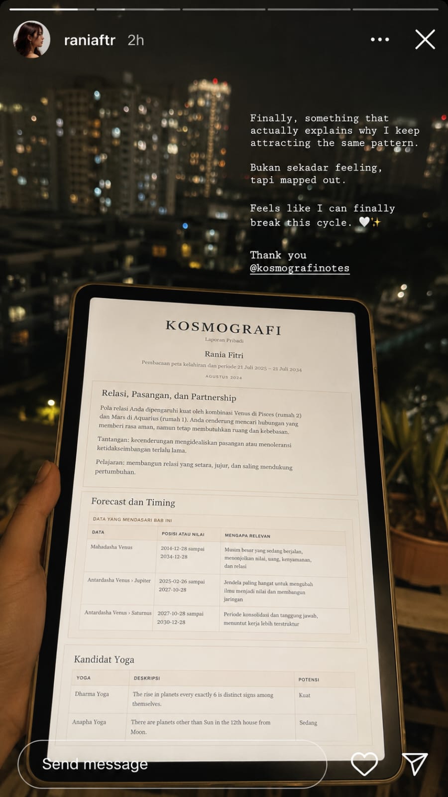 Instagram Story pelanggan setelah membaca Kosmografi tentang pola hubungan yang berulang
