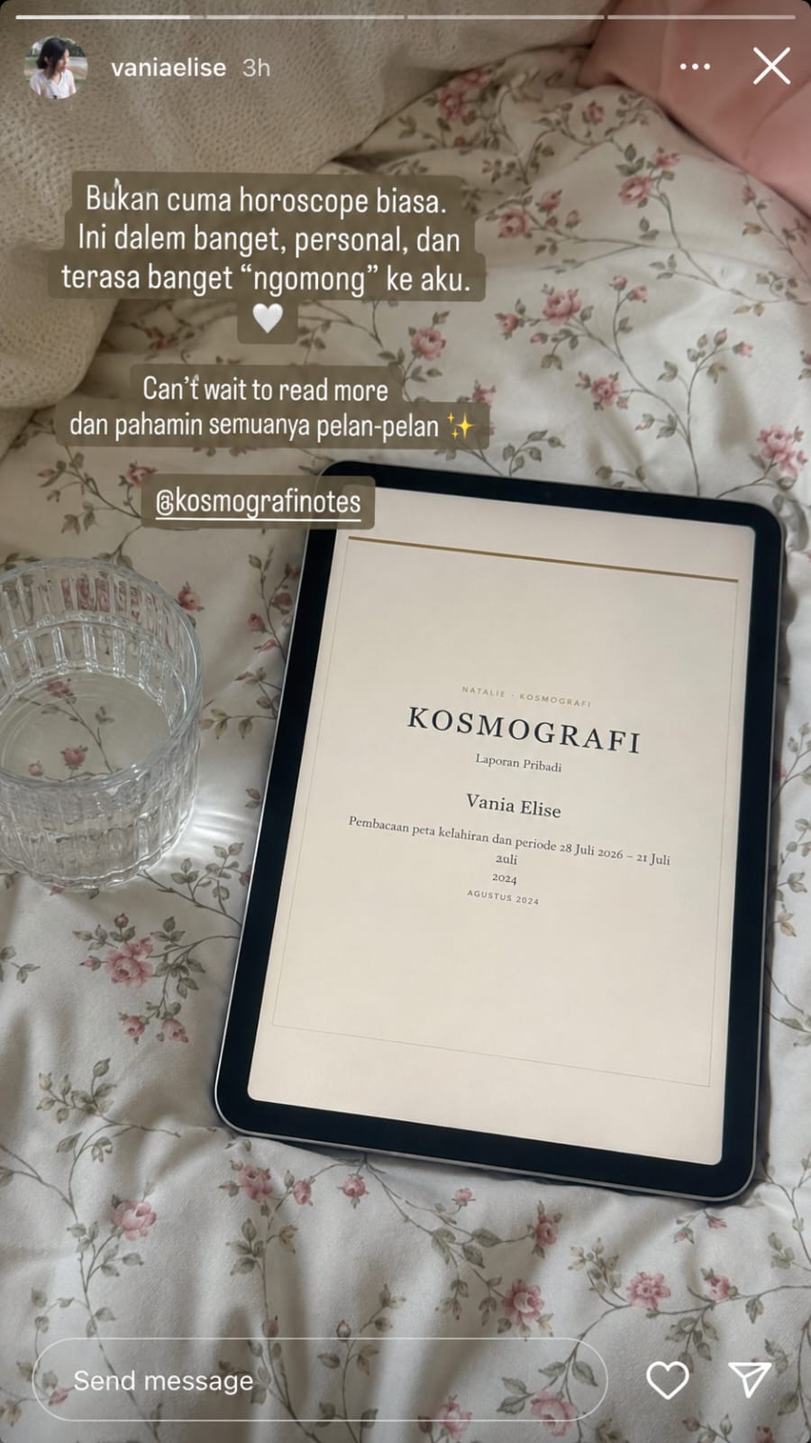 Instagram Story pelanggan tentang laporan Kosmografi yang personal dan mendalam