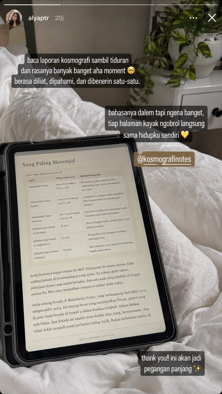 Instagram Story pelanggan saat membaca laporan personal Kosmografi