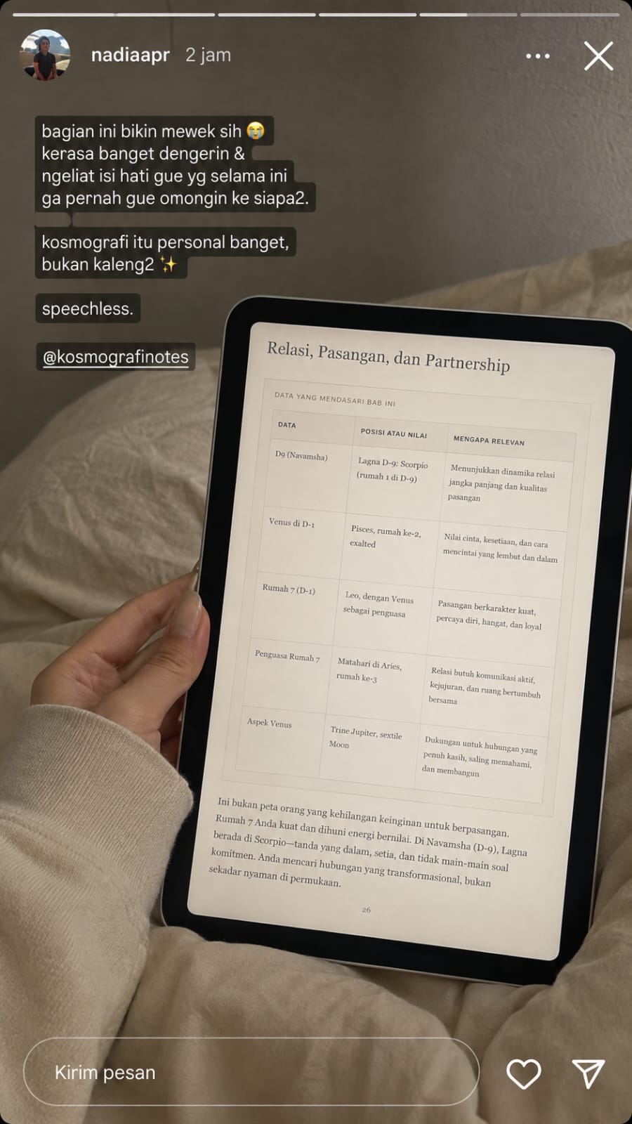 Instagram Story pelanggan tentang bagian relasi dalam laporan Kosmografi