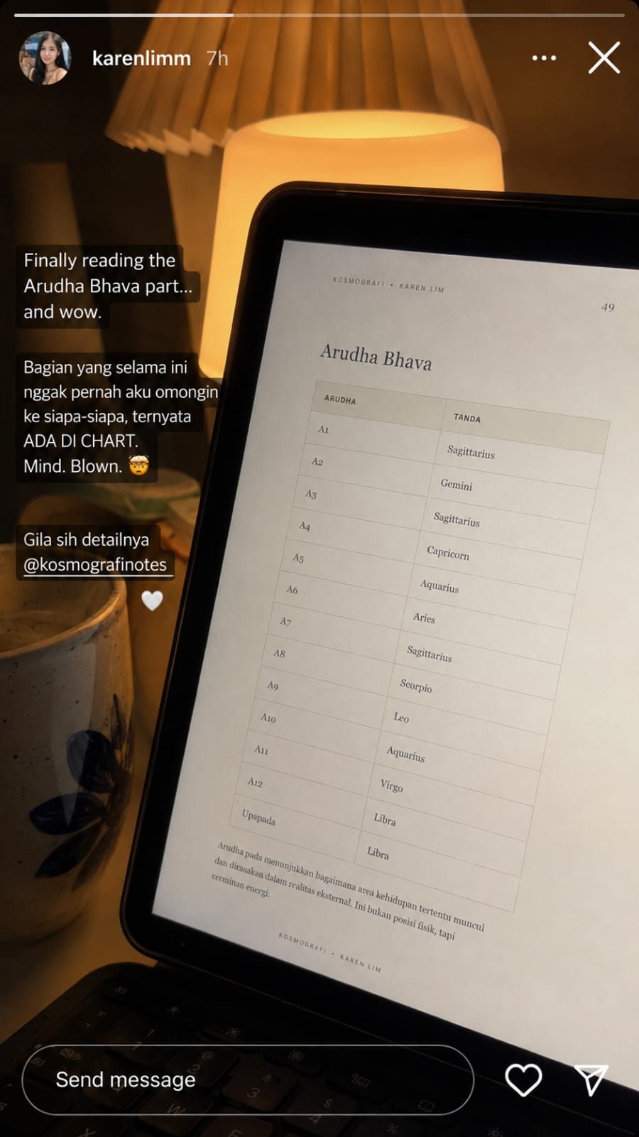 Instagram Story pelanggan saat membaca bagian Arudha Bhava Kosmografi